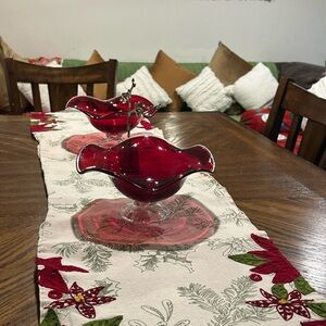 MCM Ruby Red Hand Blown Art Glass Bowl Dish Compote Clear Pedestal Ruffle Edge.